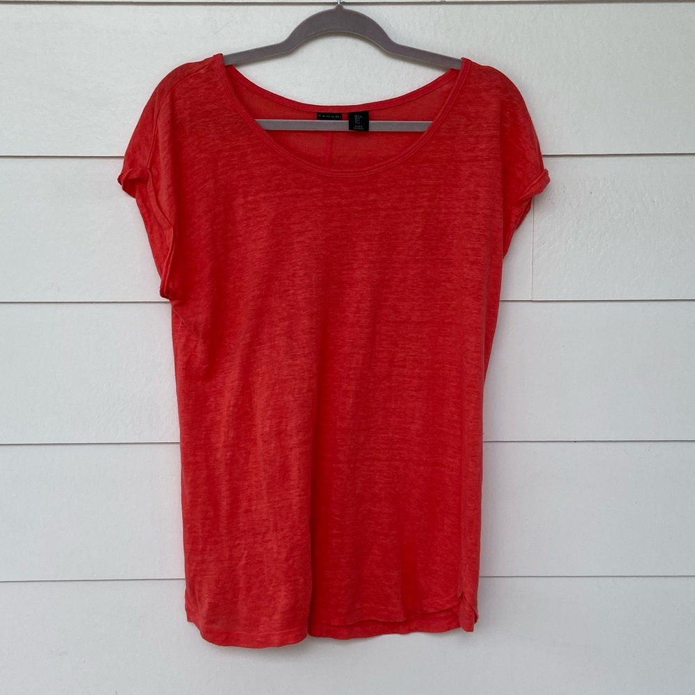 Tahari Linen Coral Scoop Neck Blouse Top Large